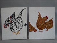 Lot of 2 Chicken Paintings on Canvas