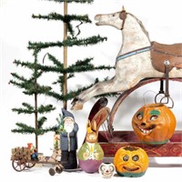 Large selection of antique and vintage toys and decorations, including Holiday
