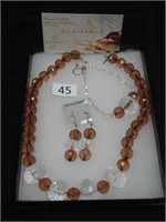 Amber crystal necklace, earrings, and bracelet set