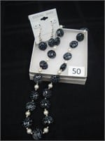 Black and pearl necklace and earring set - Cheryl