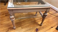 Wooden side table with glass top and shelf