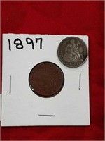 1897 Indian Head cent- 1891 O seated liberty dime