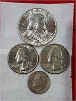 1963 Franklin half --1976 (2)'76' quarters (1) 10c