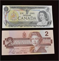 Last Issue CAD $1 & $2 Banknotes Mint Condition