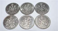 6 pcs 1969/ 71/ 72/81/85/87 CAD .50c Coins