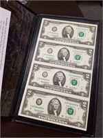 Uncut sheet of (4) $2.00 Dollar Bills in Folder