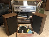 Radio, speakers, misc records and tapes