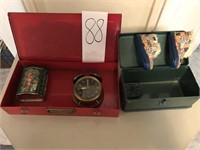 2 Metal Boxes, Old CLock, Tin, Misc