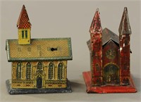 TWO CHURCH WITH STEEPLES PENNY TOY BANKS