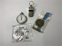 VINTAGE STOP WATCH, WHISTLE AND 2 MEDALS