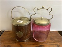 RUBY GLASS BISCUIT BARREL A/F AND OAK WITH