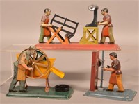 3 Lithograph Tin Workmen Steam Toy Accessories.