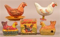 Four Tin Lithograph Egg Laying Chickens.