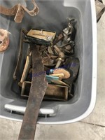Tote--assorted iron--hay knife, small skillet,