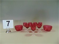 8 Ruby Cordials & 2 Bowls With Etched Grapes