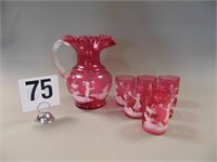 Mary Gregory Cranberry Pitcher & 6 Glasses