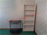 white bookshelff, rolling desk / stand & dresser