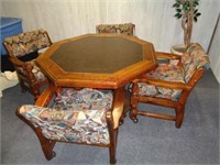 wood game table & 4 chairs on casters