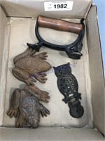 Cast iron frogs (4"), owl (5"), sad iron handle