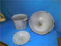Grey enamel bread can, strainer, canner. No lid.
