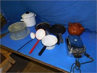 Enamal pot, cake tray, frying pans, etc