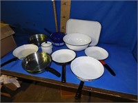 Qty of enamel frying pans, bowls, tray, etc