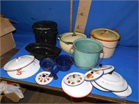 Qty of enamel bowls and lids some pots have holes