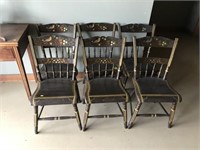 Set Of 6 Pa. Hand-Painted Back Plank Seat Chairs