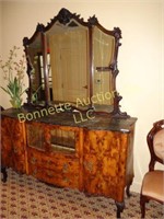 BURLED MIRROR DRESSER W/ MARBLE TOP