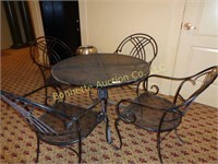 WROUGHT IRON TABLE & FOUR CHAIRS W/ TRASH CAN
