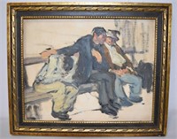 Small Oil Painting Board Men on Bench