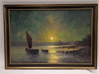 Old Oil on Canvas Painting of a Water Scene