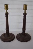 19th Century Carved Brass & Wood Candle Holders
