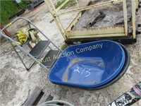 Wheel barrow tubs (2 metal & 1 plastic) & ladder