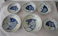 (6) Ko Fish Bowls Blue & White Made in China