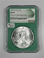 1986  $1 Silver Eagle  NGC MS-69