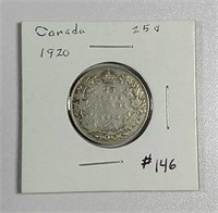 1920  Canadian 25 Cents    F