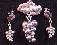 Silver grape earrings and pin marked 925 Denmark