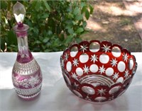 Early Decanter & Ruby Bowl Polished Bottoms