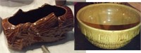 Old McCoy pottery log vase & USA 7" mixing bowl