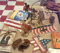 Table lot chicken items patriotic items Swamp Root