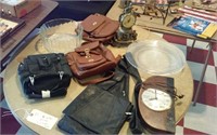 4 nice leather purses, 2 old clocks, 2 pc glass