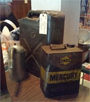 Old Sunoco Mercury oil, US gas, and longneck cans
