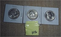 3 Franklin silver half dollars AU? 1960P 63D 62D