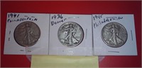 3 Walking Liberty silver halves 1941P 36D 45P