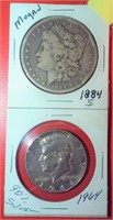 1884 S mint Morgan US silver dollar + 64 Kennedy
