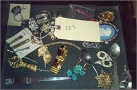 wood tray of old jewelry, Washington cameo, more