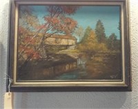 23x29 original oil on canvas w covered bridge