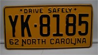 1962 North Carolina License Plate YK-8185 N-Mint