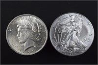 1923 Peace silver dollar + 2014 BU Silver Eagle